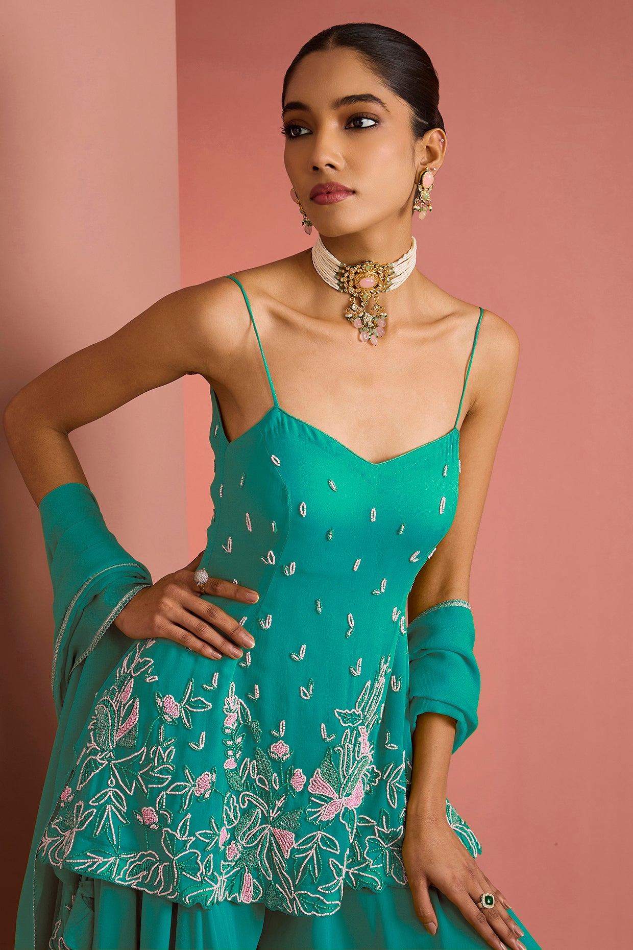 Sea Green Crepe Bead Work Sharara Set