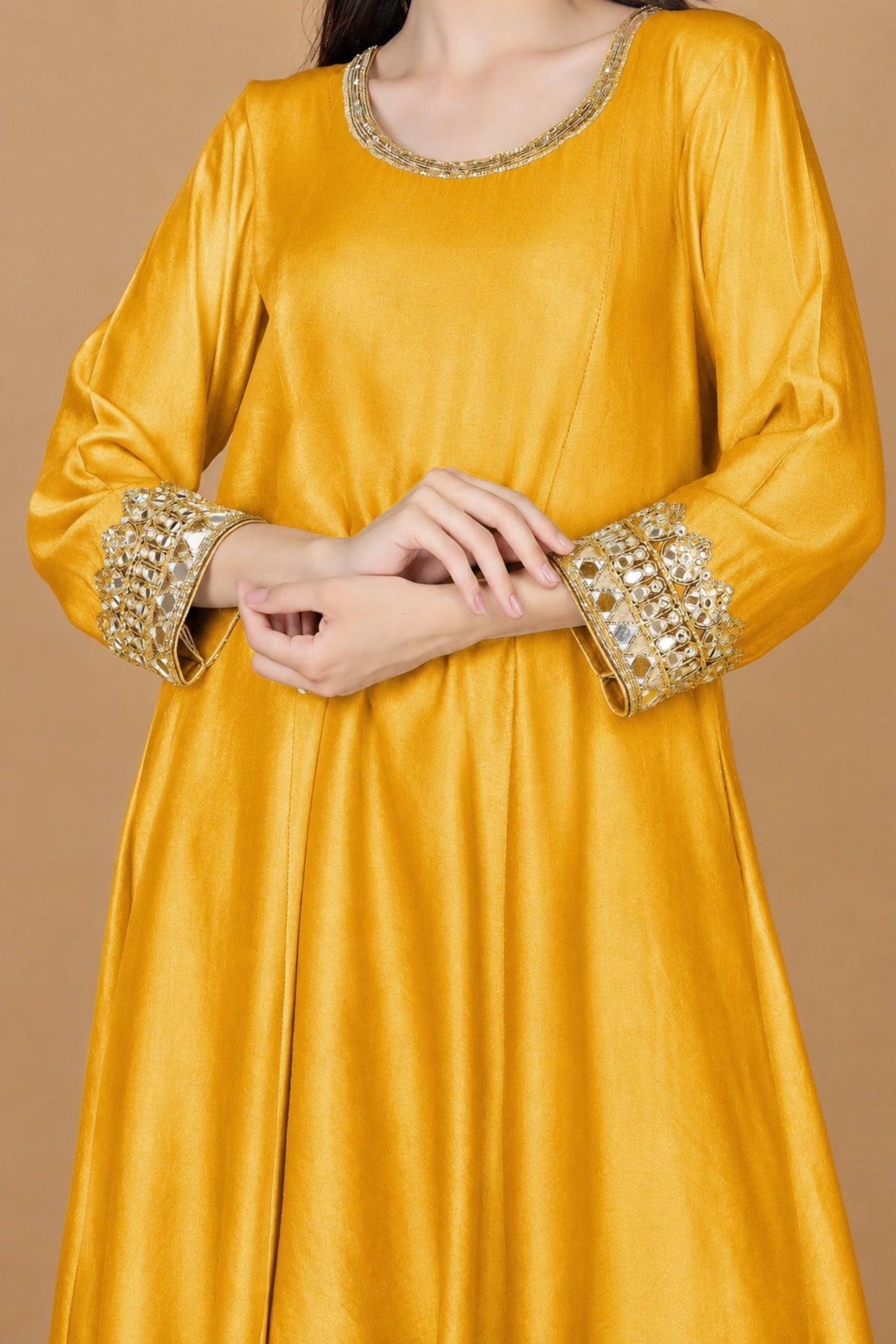Yellow Mustard Self Katan Kurta And Pant With Mirror Work And Georggette Duppatta .