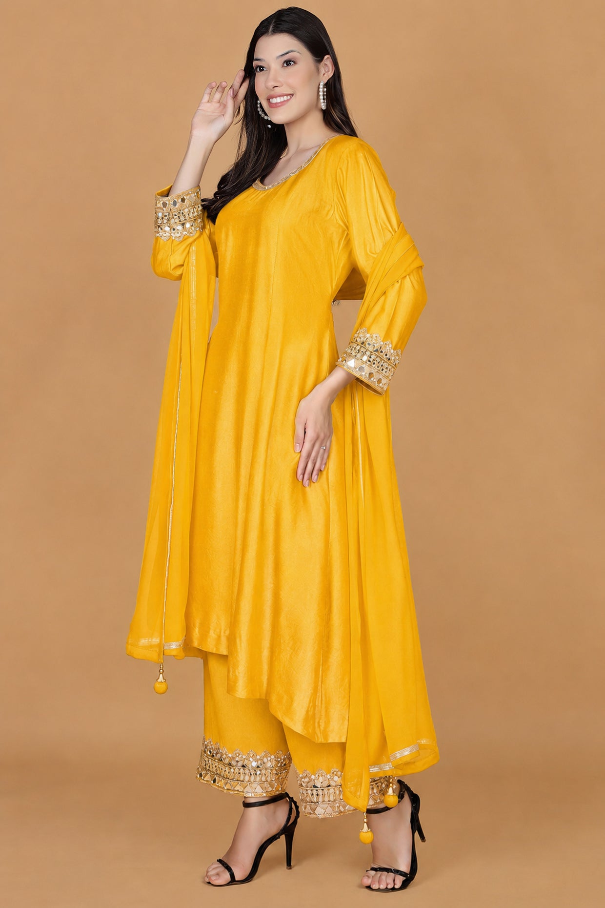 Yellow Mustard Self Katan Kurta And Pant With Mirror Work And Georggette Duppatta .