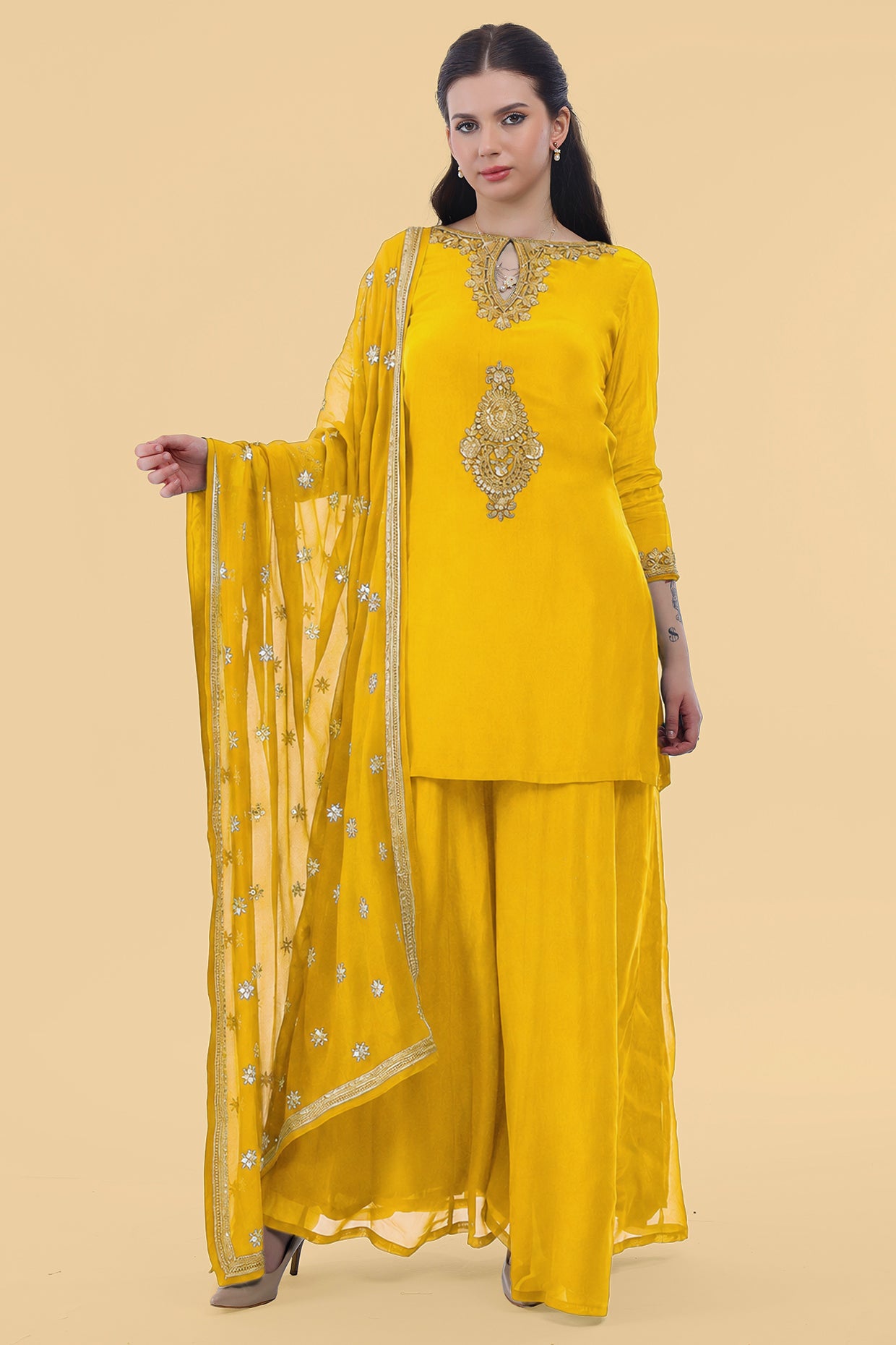 Yellow  Crepe Kurta Sharara Set