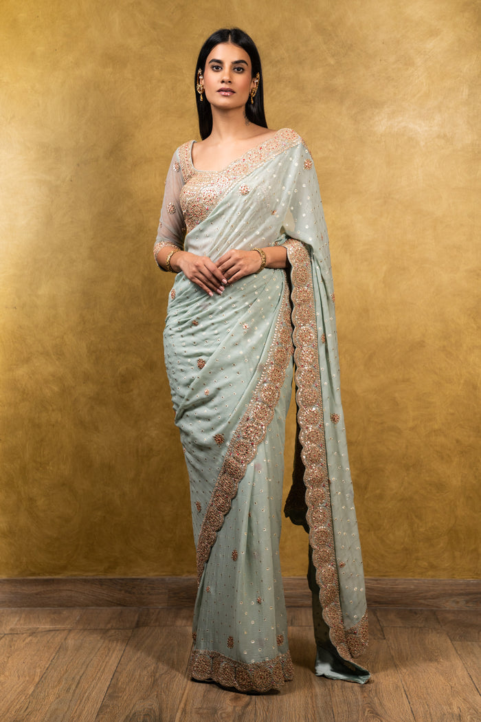 Jade Green Chiffon Booti Saree