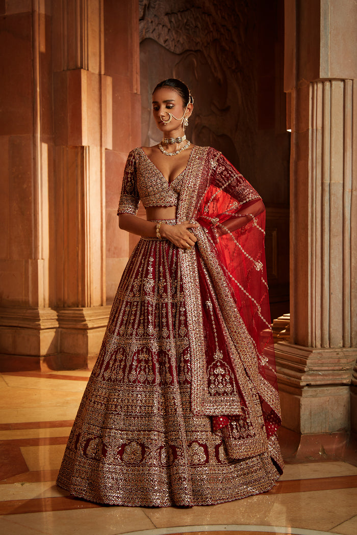 Maroon Raw Silk Lehenga Choli and Worked Belt with Tulle Dupatta