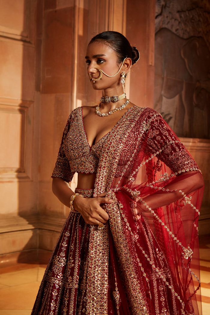 Maroon Raw Silk Lehenga Choli and Worked Belt with Tulle Dupatta