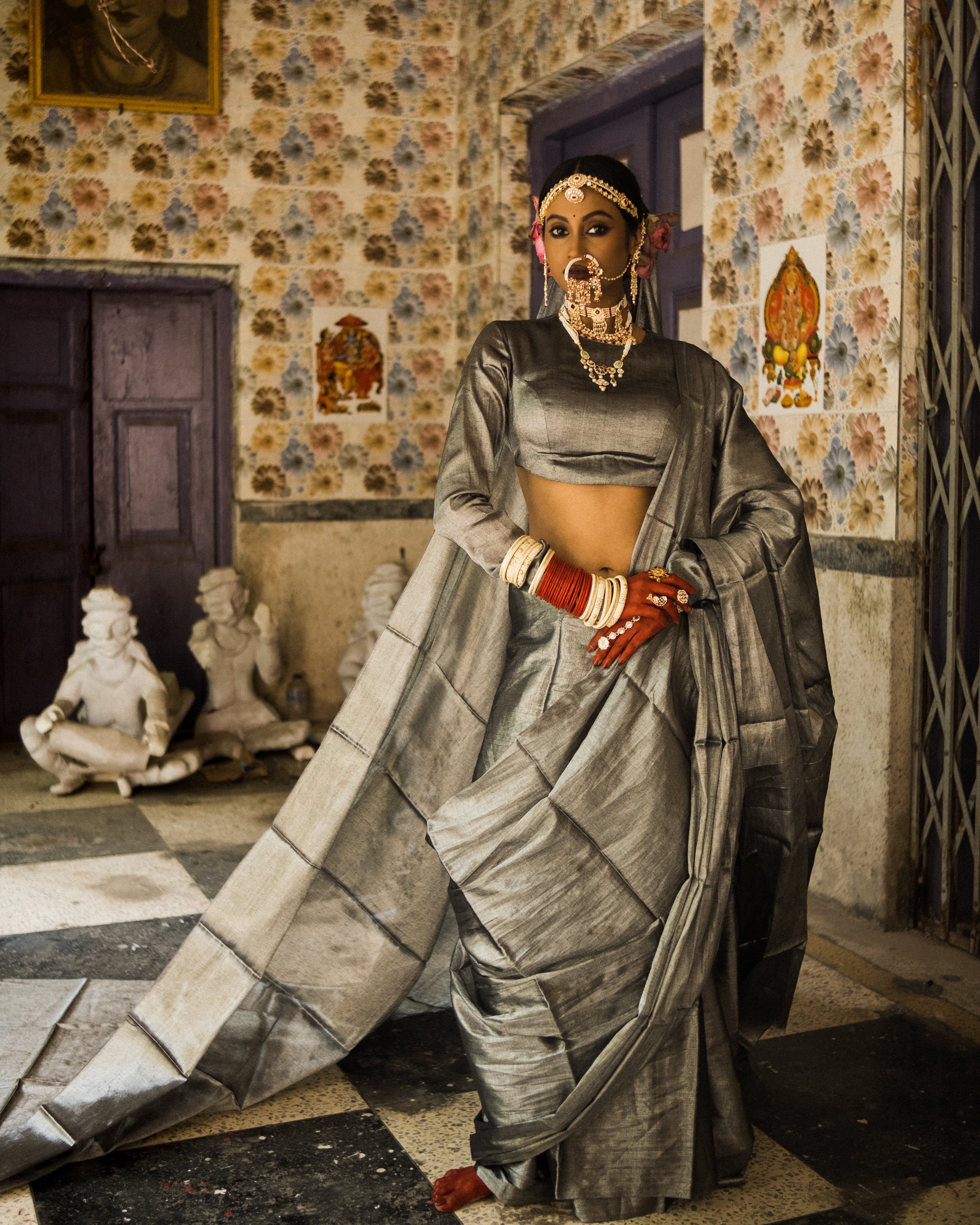Mehfil I Dark Grey Handloom Tissue saree