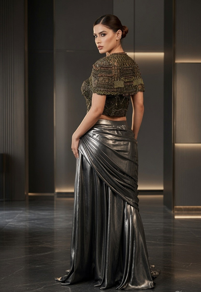 Metallic Drape Skirt Corset and Cape