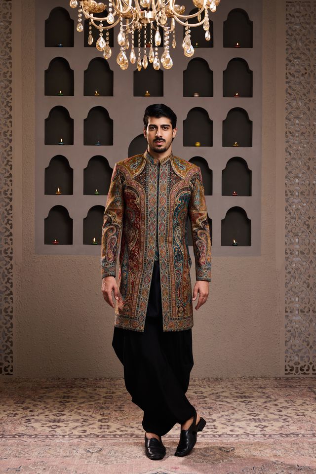 Jamawar Achkan Black Kurta Dhoti Salwar