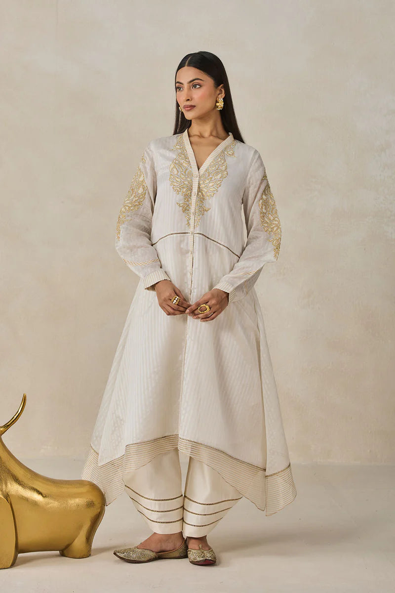 Chanderi Front Open Assymetrical Kurta With Pant