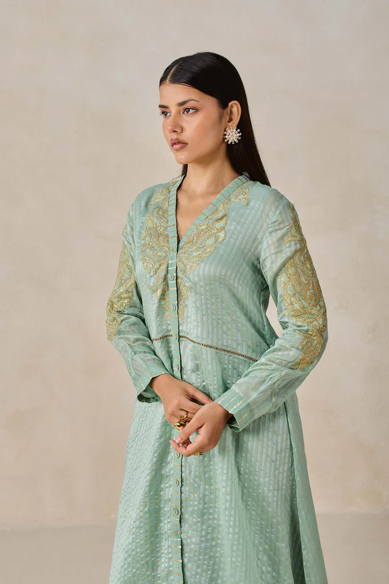Chanderi Front Open Assymetrical Kurta With Pant