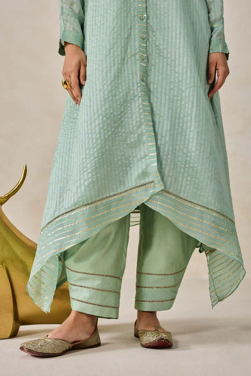 Chanderi Front Open Assymetrical Kurta With Pant