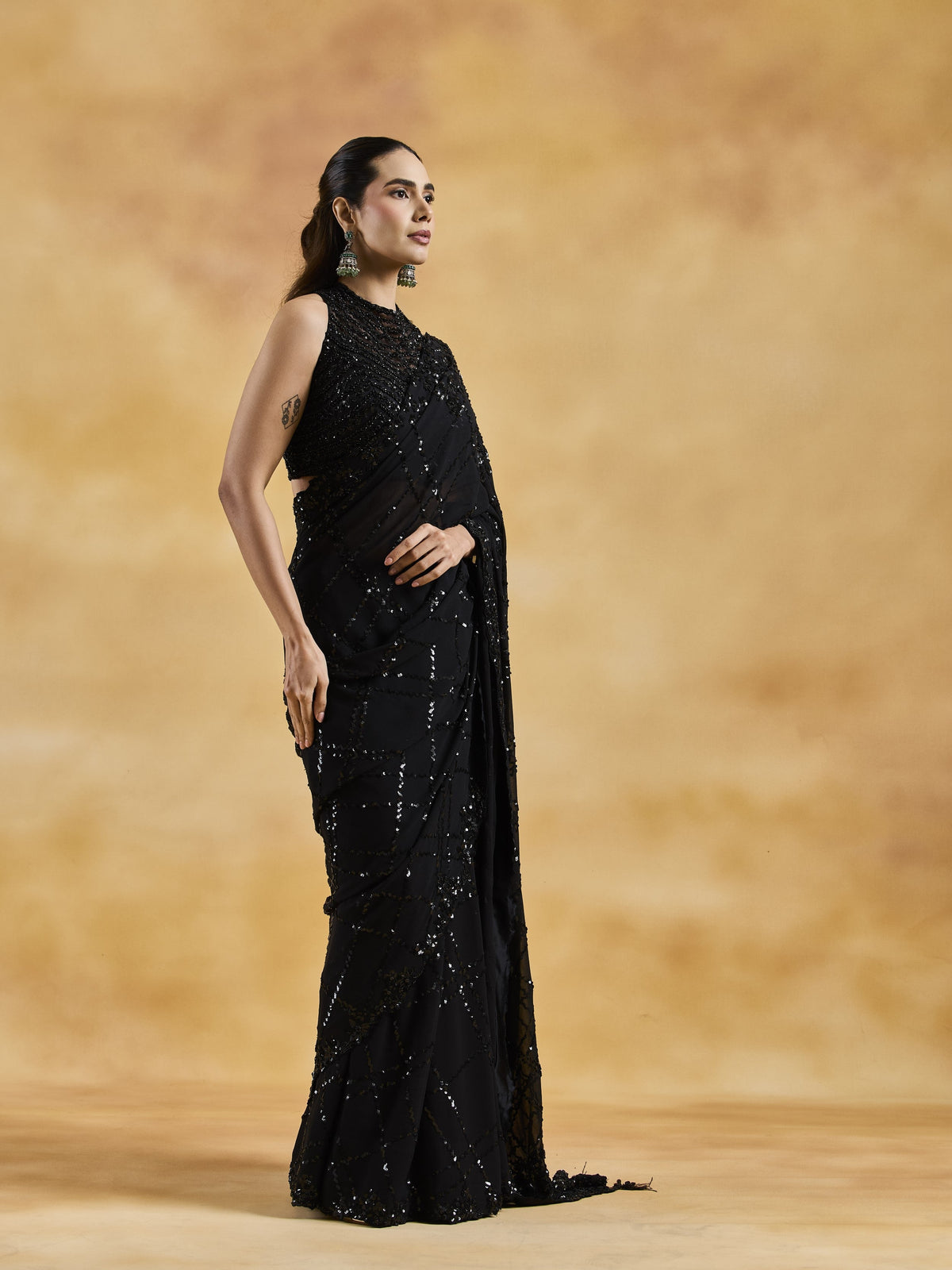 Black Geometric Saree Set