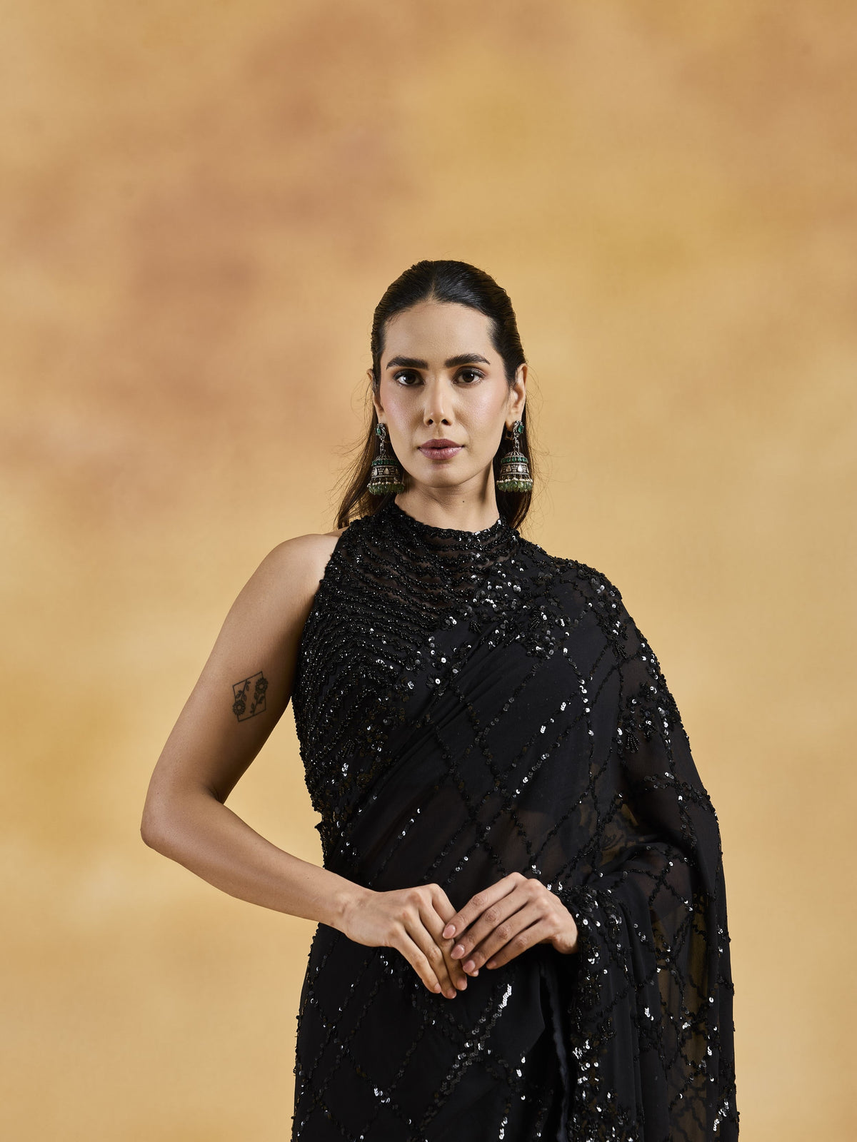 Black Geometric Saree Set