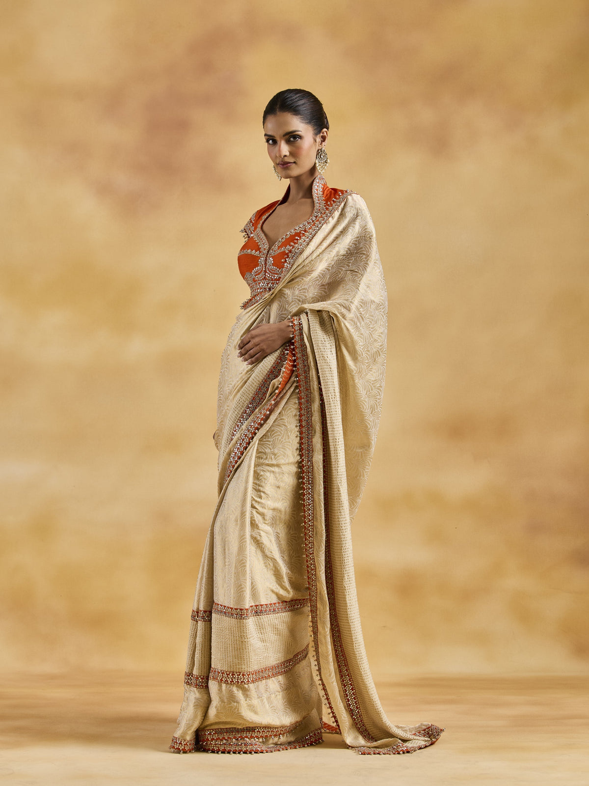 Orange Ivory-Gold Saree Set