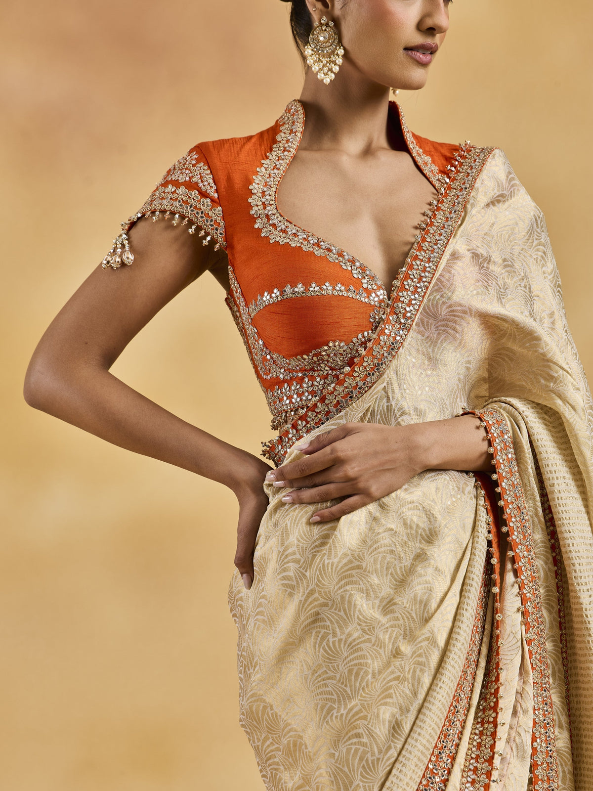 Orange Ivory-Gold Saree Set