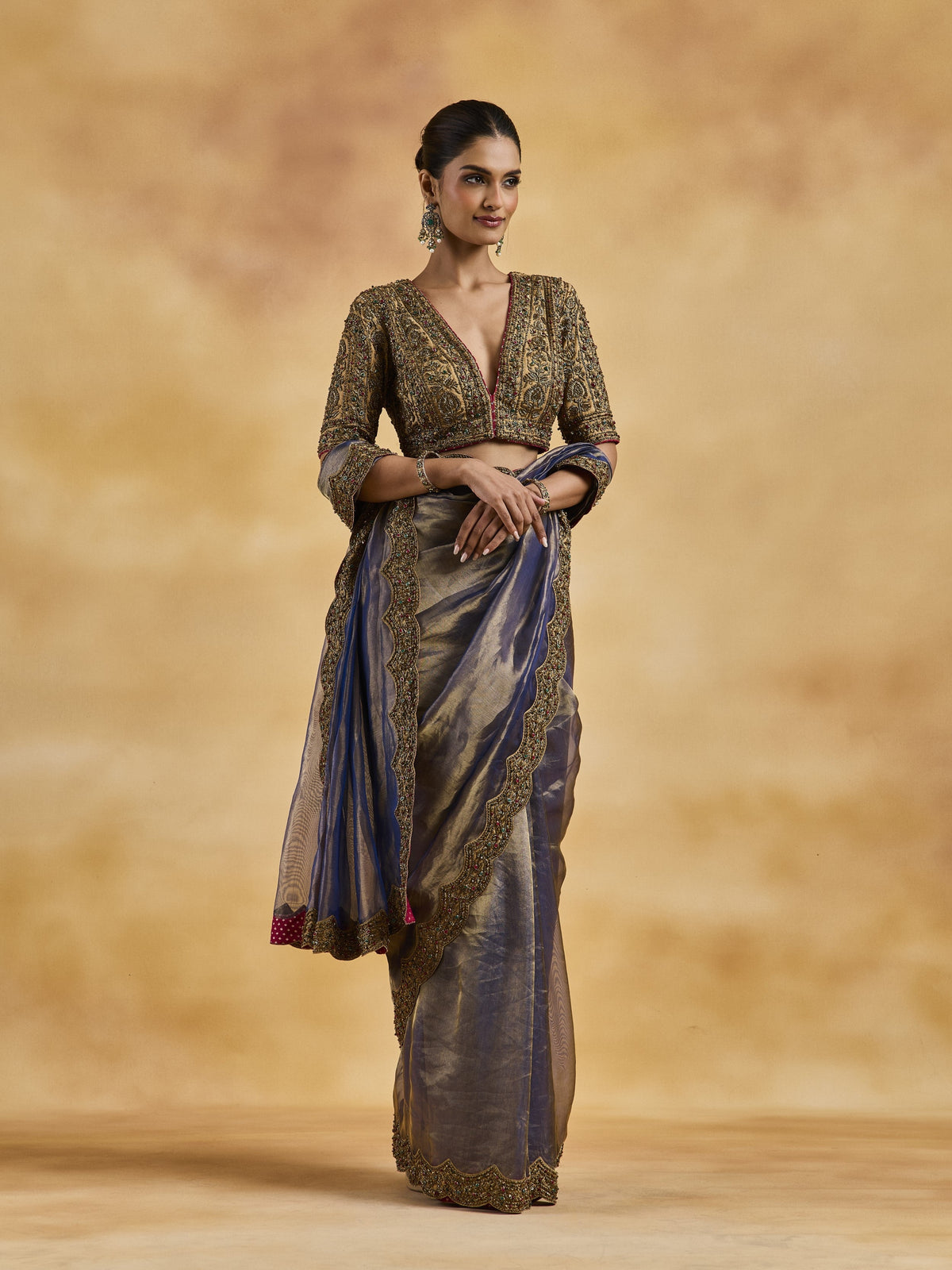 Blue-Gold Zardozi Saree Set