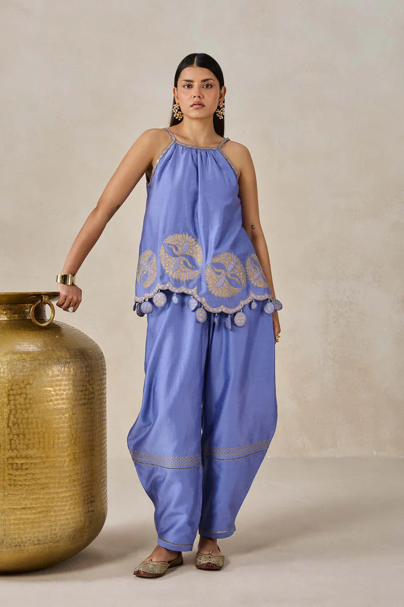 Chanderi Applique Embroidery Strappy Short Top And Palazo Set