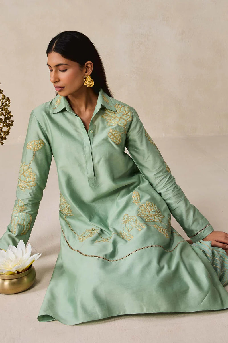 Chanderi Assmmetrical Kurta With Pant Set