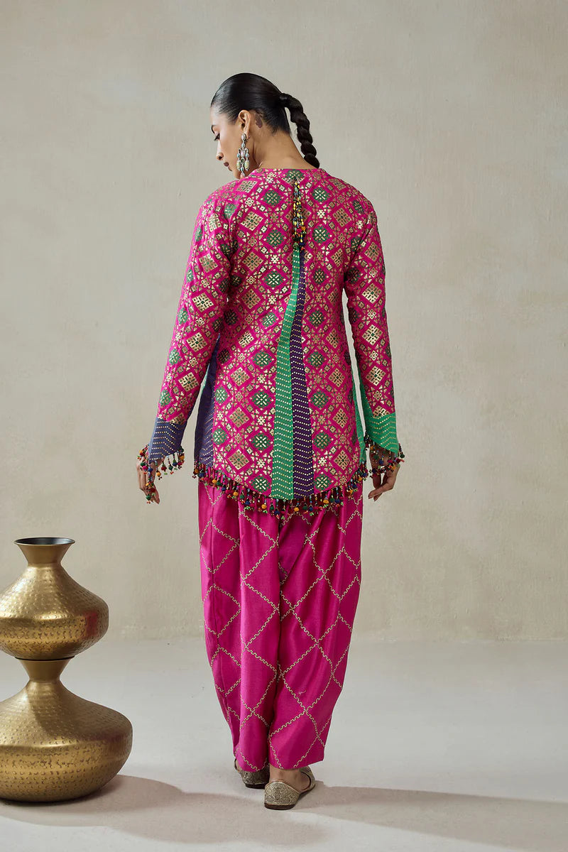 Fuschia Patola Silk Short Jacket Worked Salwar
