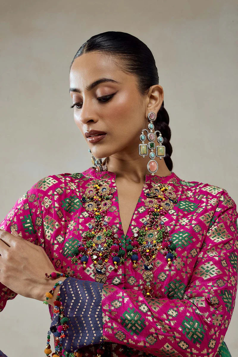 Fuschia Patola Silk Short Jacket Worked Salwar
