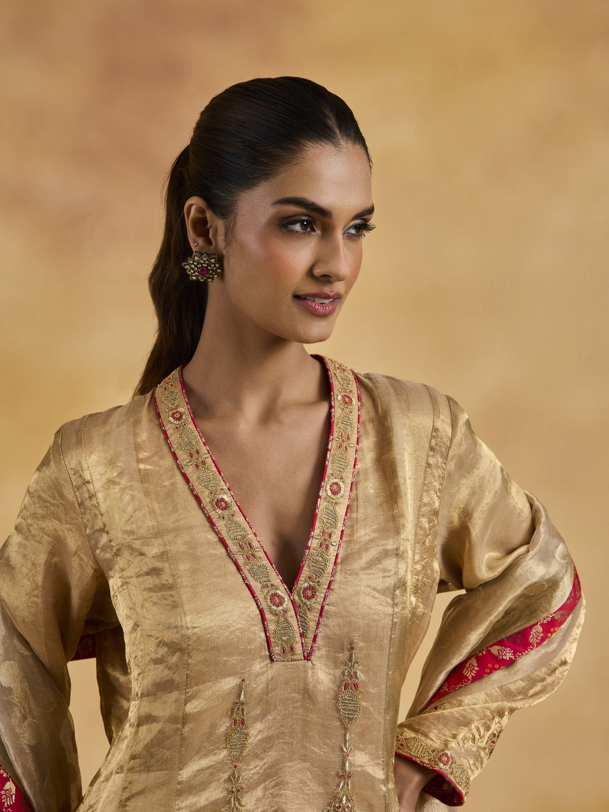 Gold Tissue Anarkali Set