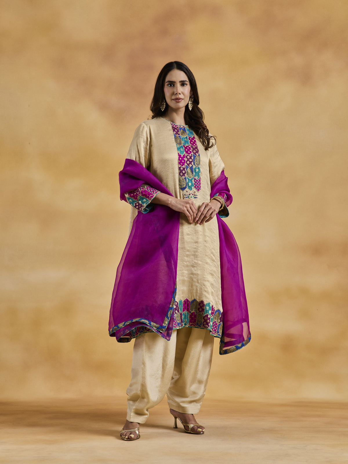 Ivory-Gold Appliqué Suit Set