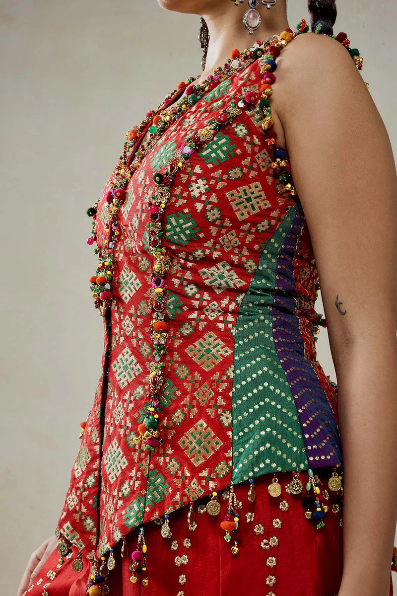 Red Patola Silk With Worked Sharara Set