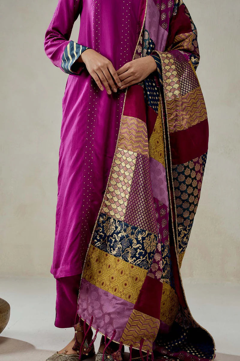 Wine  Salwar Suit With Multicolour Brocade Dupatta Set