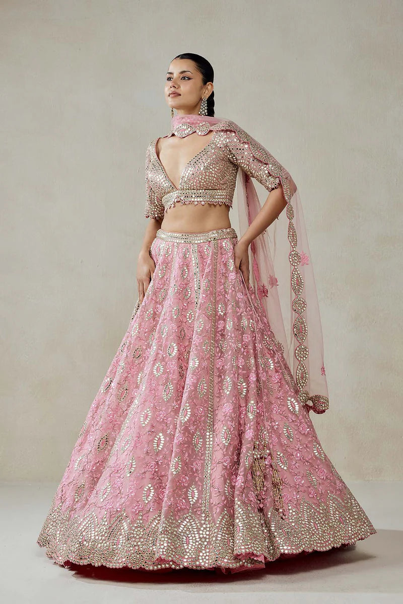 Pink Organza Mirror Work With Multiresham Lehenga Set