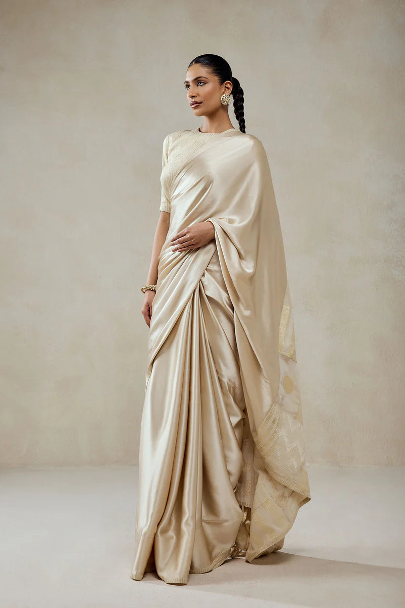 Ivory Monga Tissue Gold Striped Saree Set
