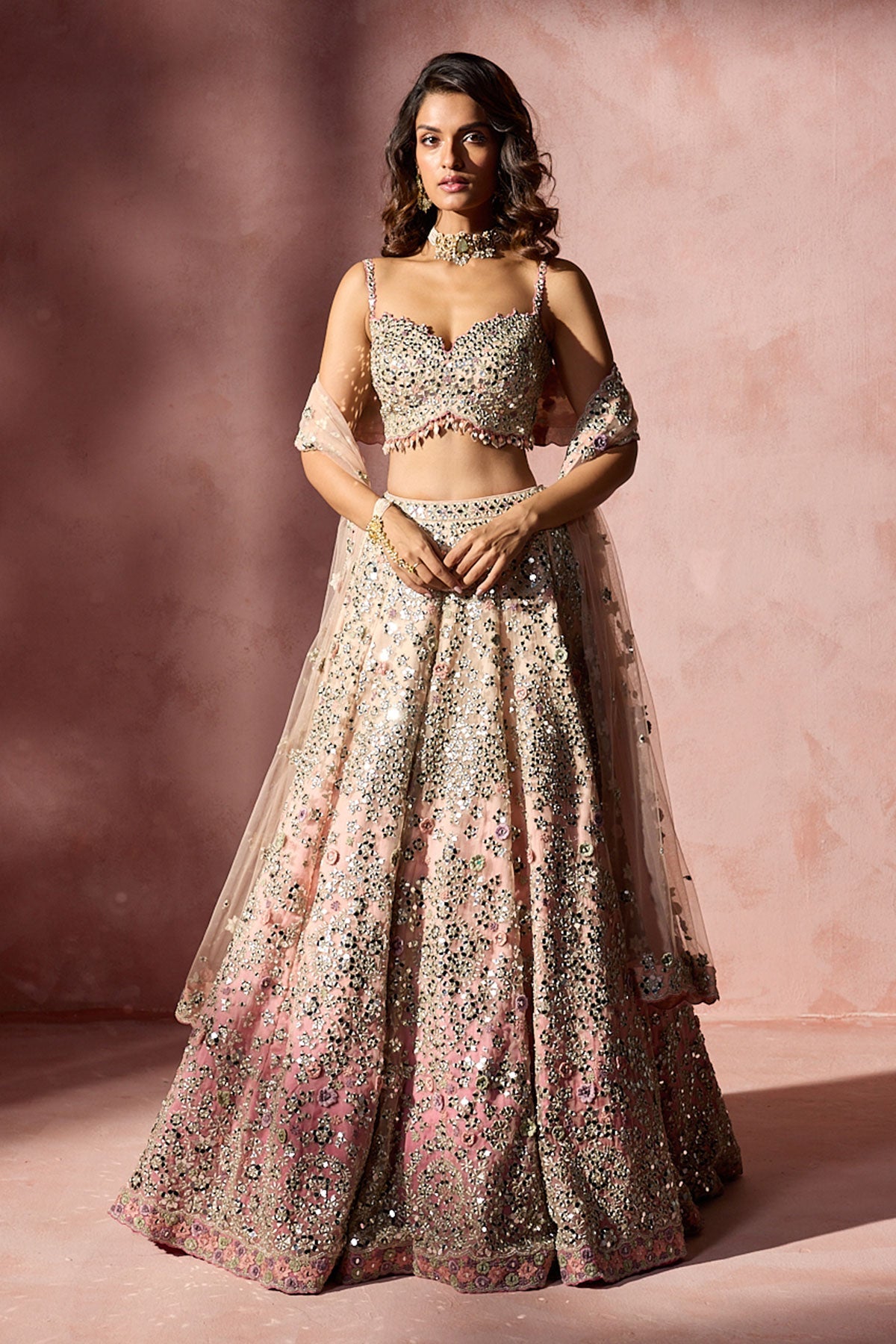 Rose Pink Ombrey Mirror WorkLehenga