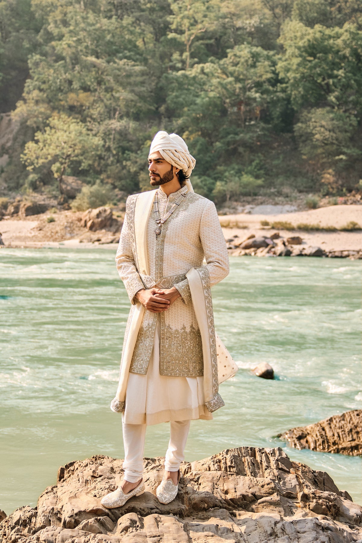 Ivory Raw Silk Sherwani Set
