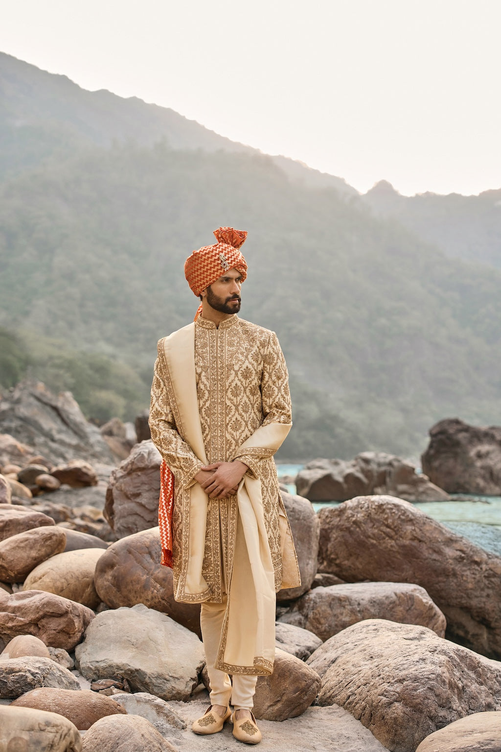 Beige Zardozi Sherwani Set