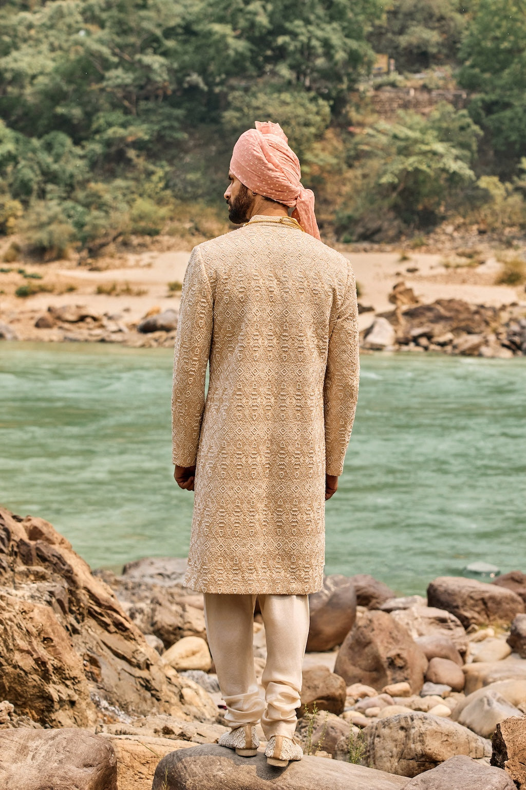 Champagne Geometric Sherwani Set