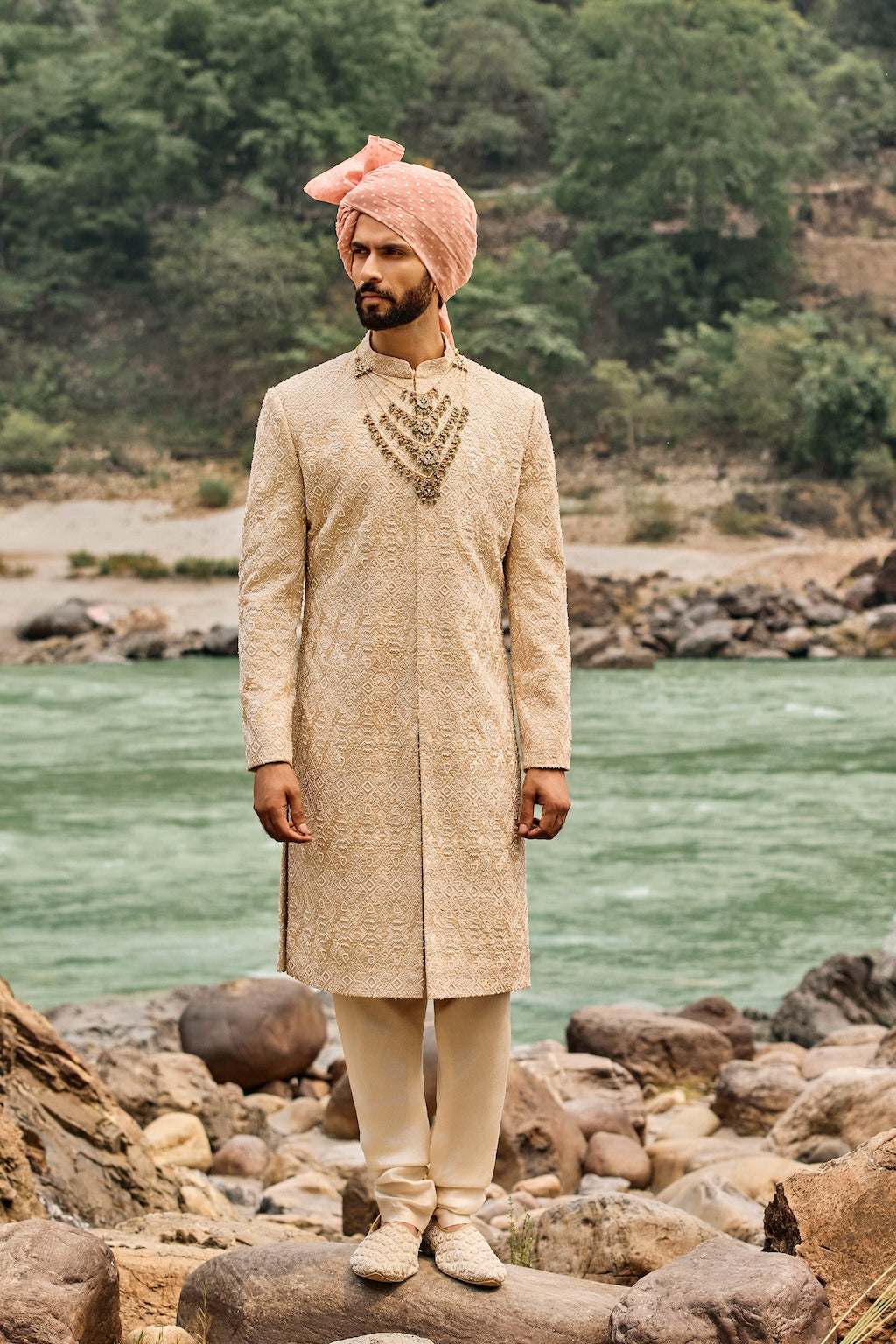 Champagne Geometric Sherwani Set