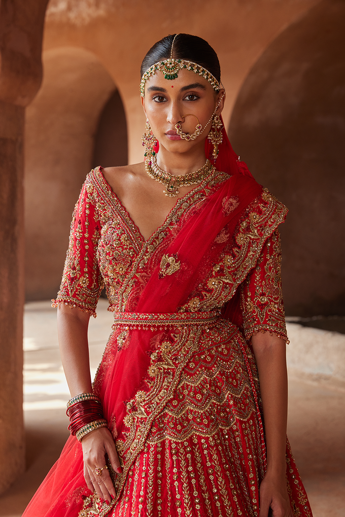 VERMILLON RED RAW SILK LEHENGA CHOLI SET