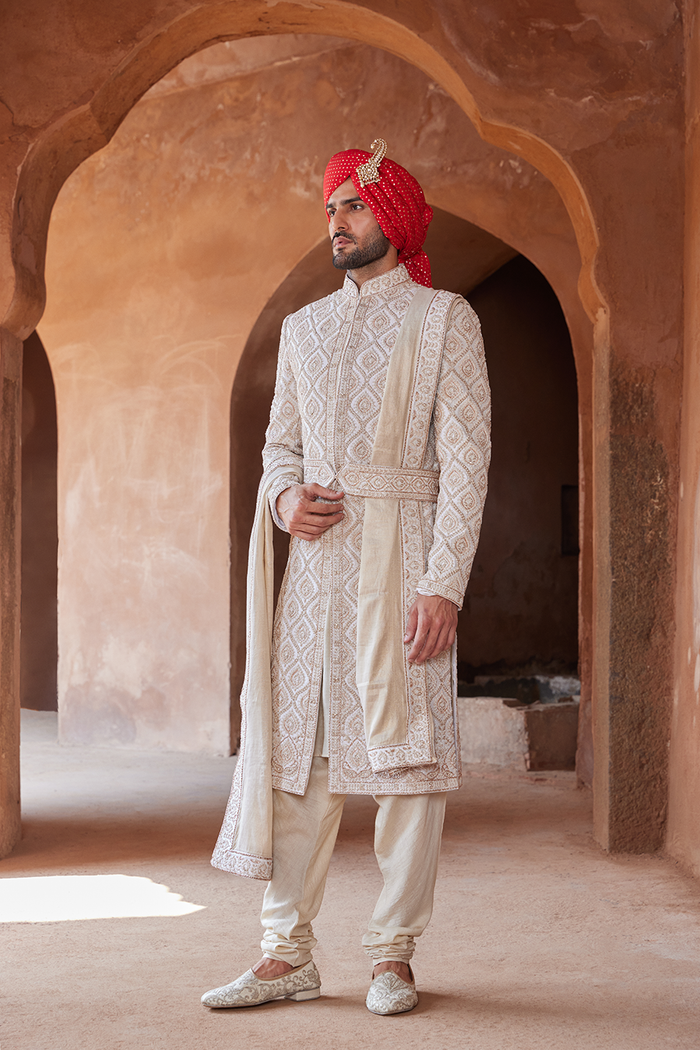 IVORY TAFETTA SHERWANI KURTA CHURIDAR SET