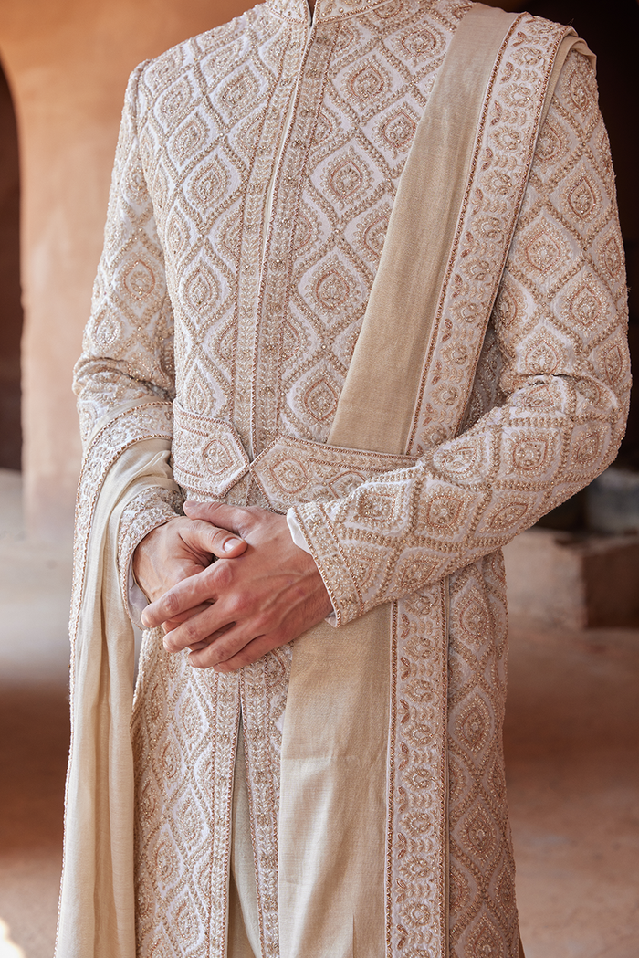 IVORY TAFETTA SHERWANI KURTA CHURIDAR SET