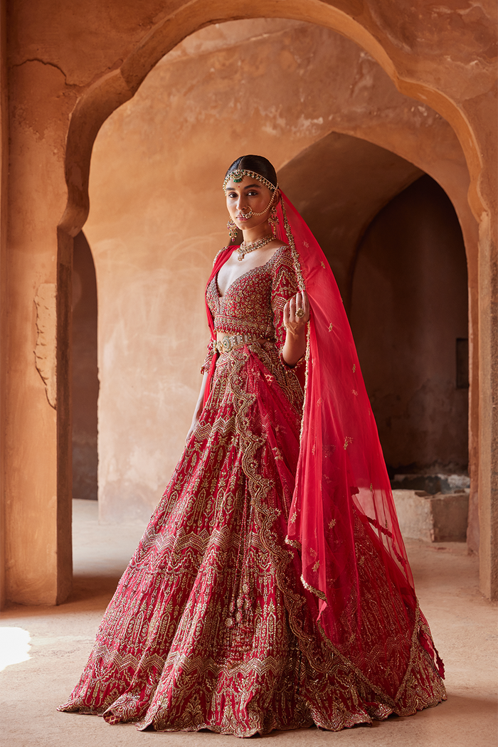 CARDINAL RED RAW SILK LEHENGA CHOLI SET