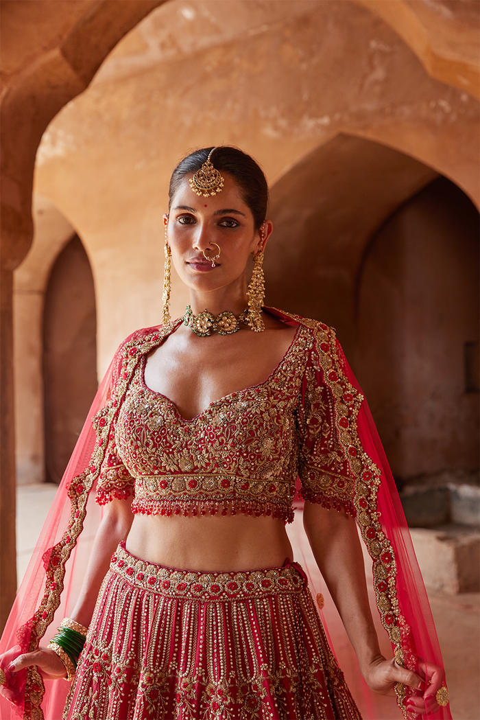 BLOOD RED RAW SILK LEHENGA CHOLI SET