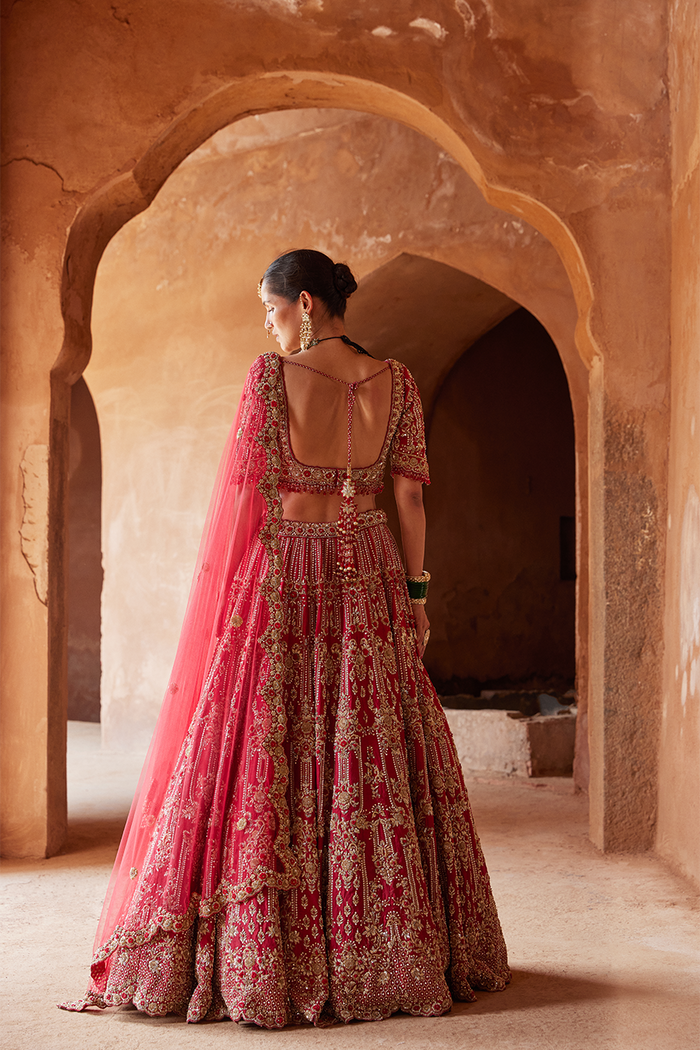 BLOOD RED RAW SILK LEHENGA CHOLI SET