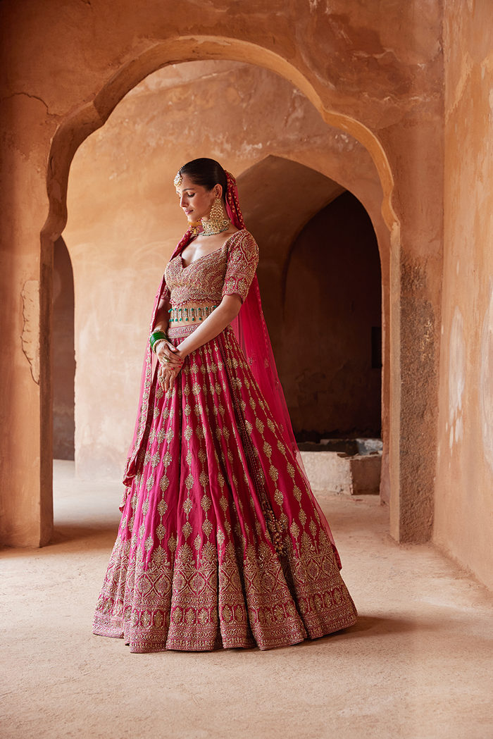 FUSCHIA RED RAW SILK LEHENGA CHOLI SET