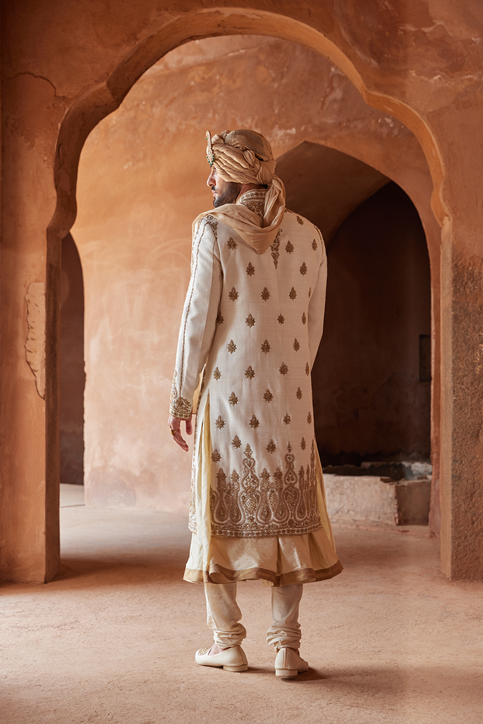 IVORY MATKA SILK ZARDOZI EMBROIDERED SHERWANI KURTA CHURIDAR SET