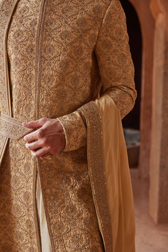 GOLD RAW SILK EMBROIDERED SHERWANI KURTA CHURIDAR SET