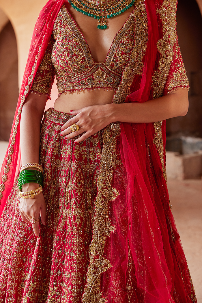 BLOOD RED RAW SILK LEHENGA CHOLI