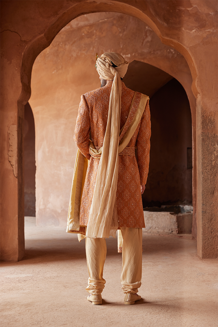 RUST MATKA SILK EMBROIDERED SHERWANI KURTA CHURIDAR SET