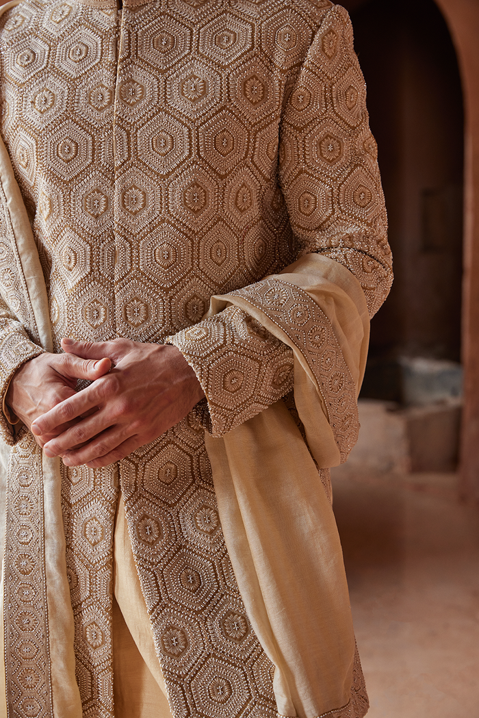 MUSTARD MATKA SILK EMBROIDERED SHERWANI KURTA CHURIDAR SET