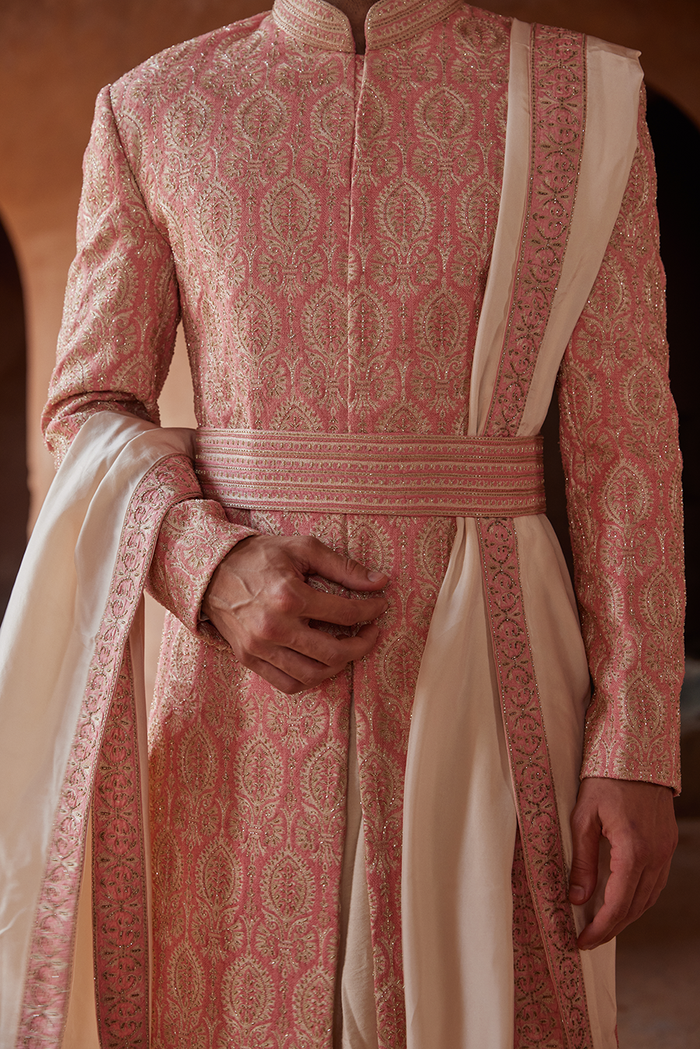 CORAL MATKA SILK SHERWANI KURTA TROUSER SET