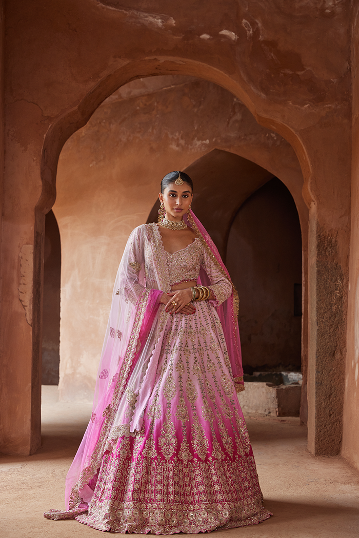 FUSCHIA PINK OMBRE DYED LEHENGA CHOLI SET