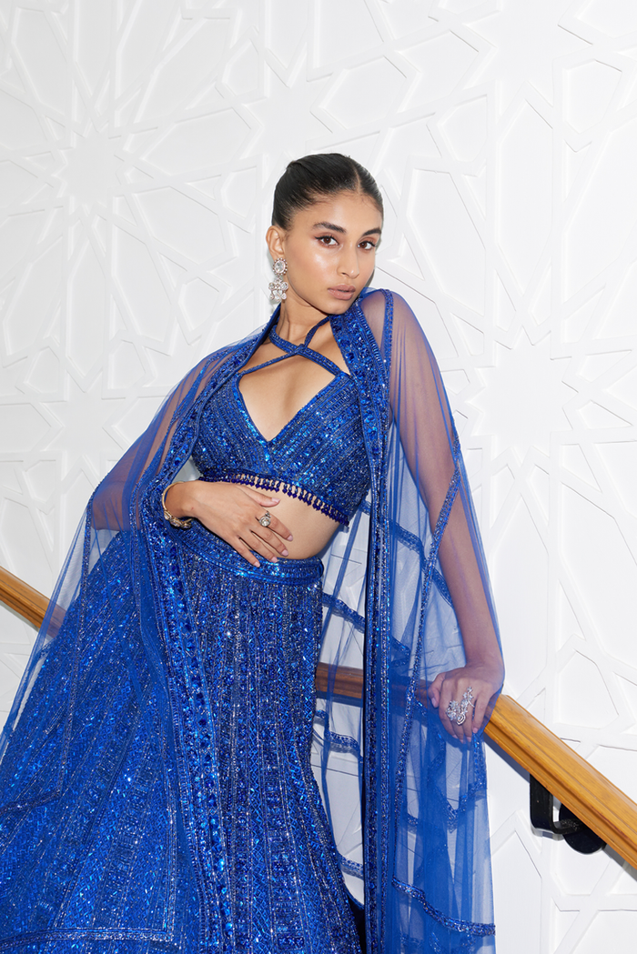 ELECTRIC BLUE NET LEHENGA CHOLI SET