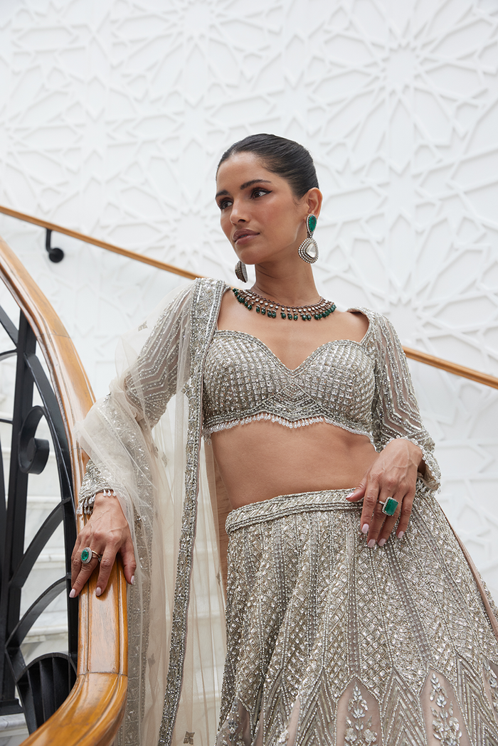 NUDE NET LEHENGA CHOLI SET