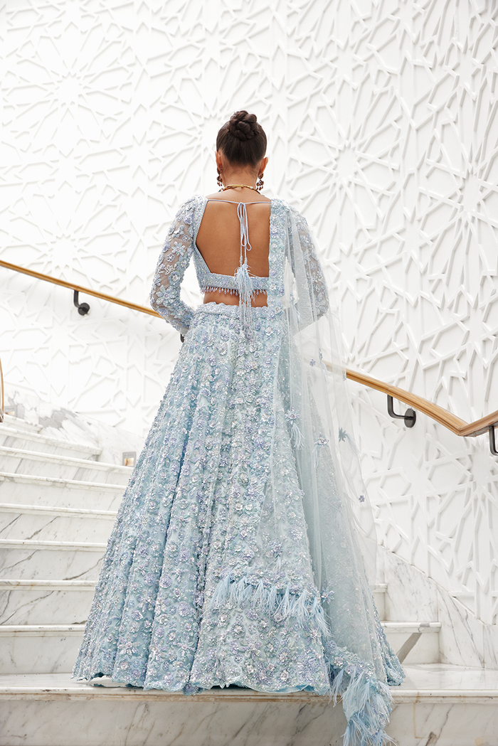 POWDER BLUE NET LEHENGA CHOLI SET